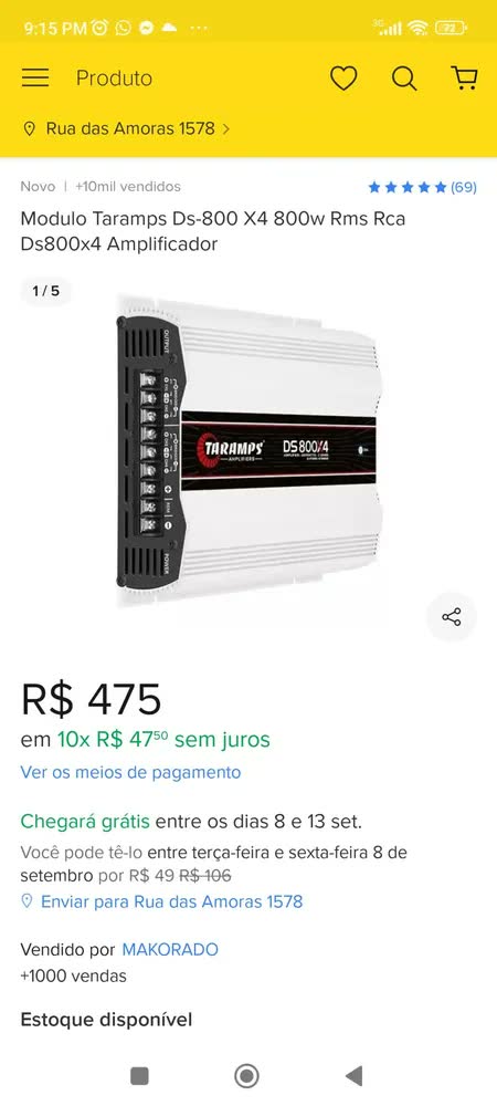 foto de Módulo Amplificador Taramps DS 800X4 800W RMS para Som Automotivo de 4 Canais e 2 Ohms