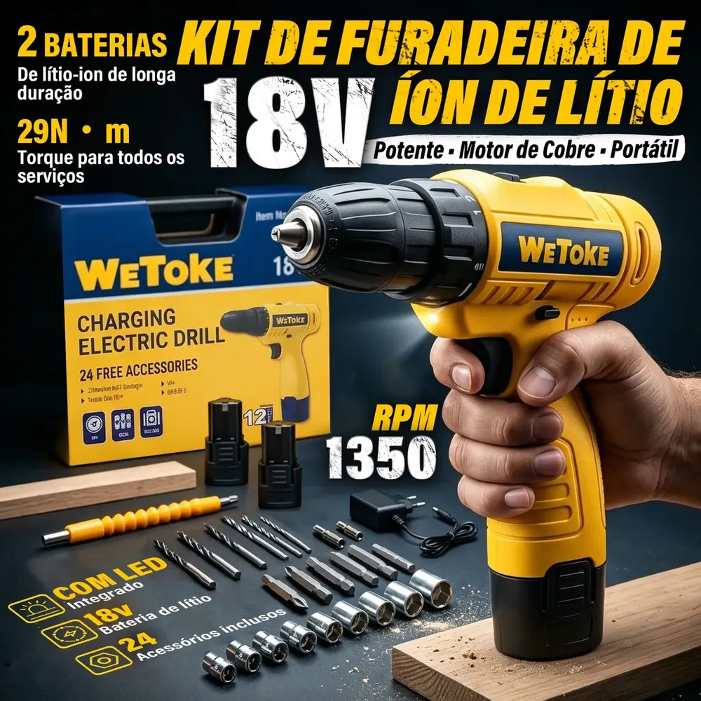 Furadeira Parafusadeira Impacto Sem Fio 18V Wetoke 29Nm 2 Baterias
