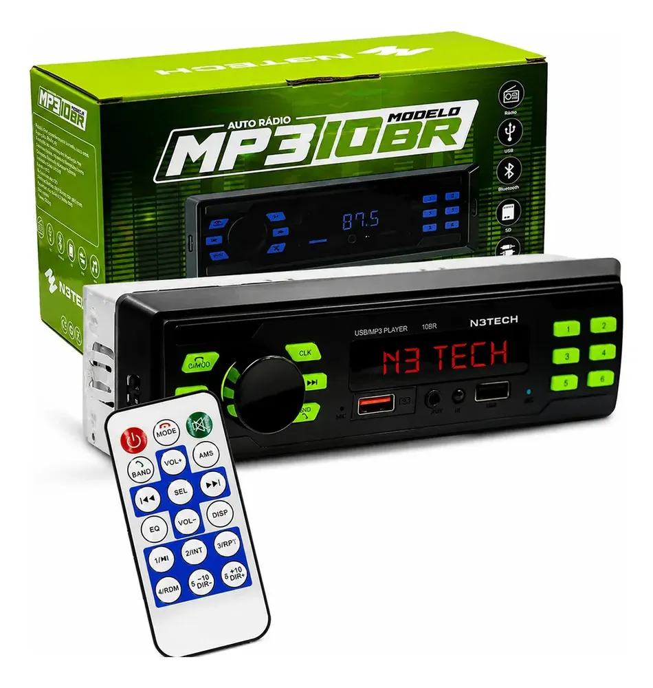 Rádio Som Automotivo MP3 Player N3Tech 1 Din FM 30W Carro BT Viva Voz Controle Remoto Entrada Pen Drive Universal AutoRadio