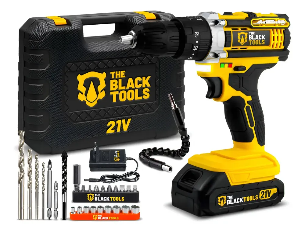Parafusadeira Furadeira De Impacto A Bateria 21V 3/8” Pol Bivolt 1400 Rpm Com Acessórios The Black Tools
