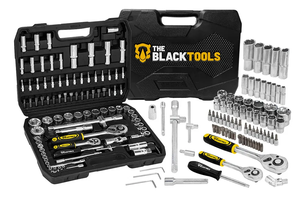 Jogo De Ferramentas Soquetes Encaixe 1/4 E 1/2 Pol. Catraca Reversível Aço Crv 94 Peças Com Maleta Tkf94 The Black Tools