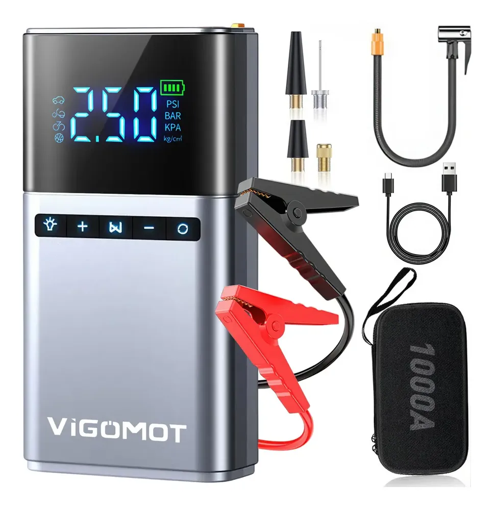 Vigomot Auxiliar Partida Bateria Veicular Portátil Com Compressor Ar Emergência, Inflação Rápida 150psi, Power Bank 10000mah, Com Bolsa De Transporte