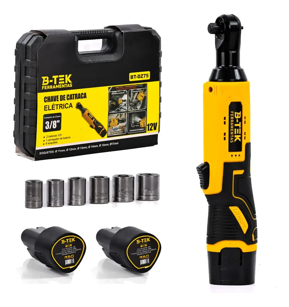 Kit Chave De Catraca Eletrica 3/8 Portátil 12v 2 Baterias 110/220v Bivolt Kit Completo + Soquetes Torquímetro Profissional