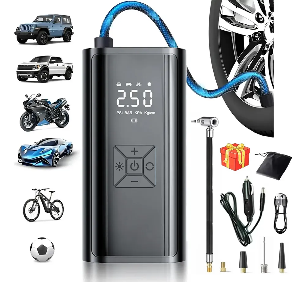Mini Compressor Ar Calibrador Encher Pneu 150 Psi 34 L/min Led E Display Portátil Digital Sortido Com Luzes Led Sos Emergência Encher Pneu Bomba De Ar 127/220V Para Carro Moto Bicicleta E Bola