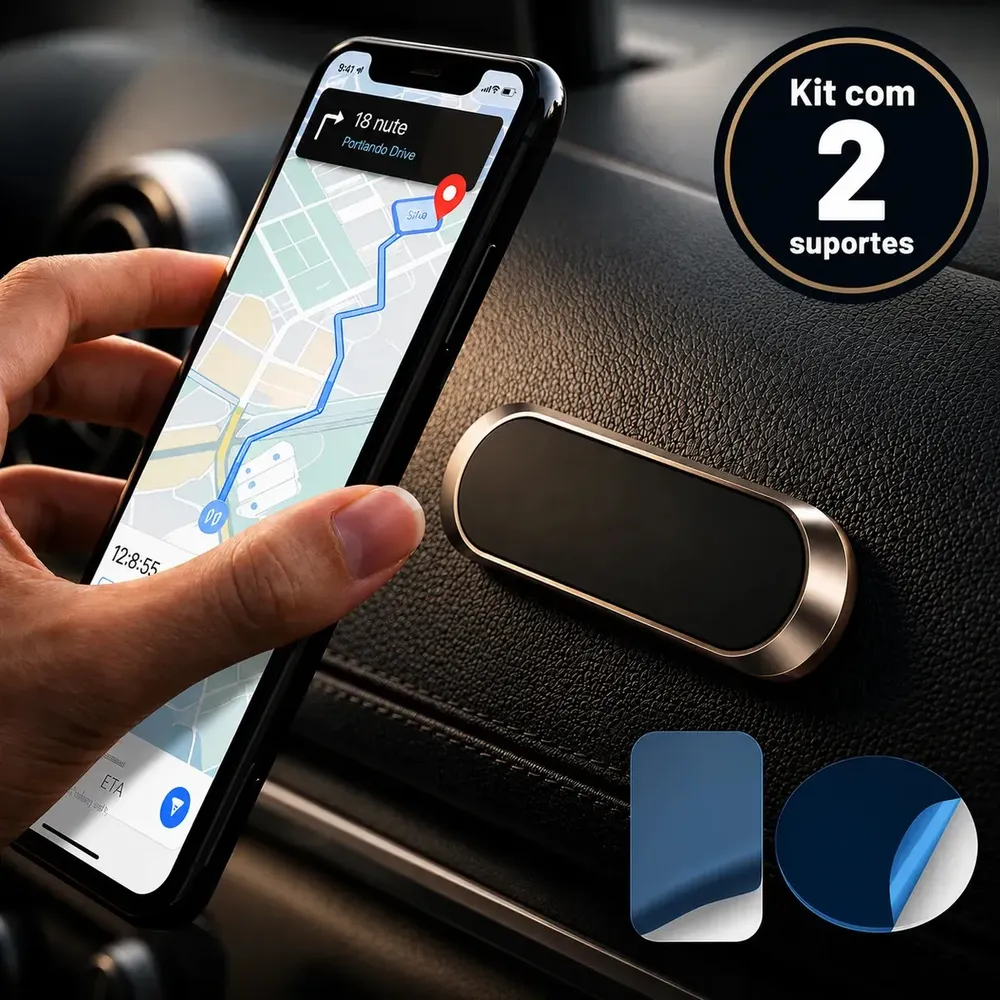 Kit 2 Suportes Magnéticos Para Celular e GPS Veicular de Fixação Adesiva em Carro, Mesa ou Parede