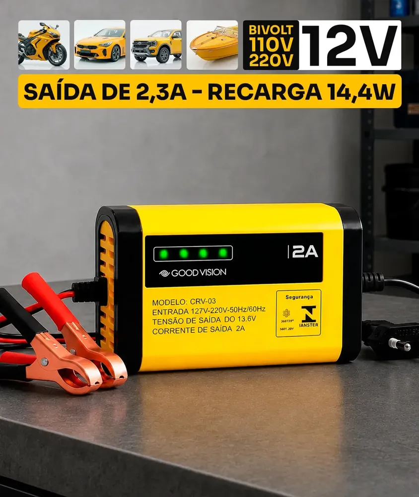 Carregador Bateria Automotivo 12v Até 300 Amperes, Carga Lenta 2a, Inteligente, Portátil, Carro, Moto, Caminhão, Jet Sky, Empilhadeira, Bivolt 110/220v - Good Vision