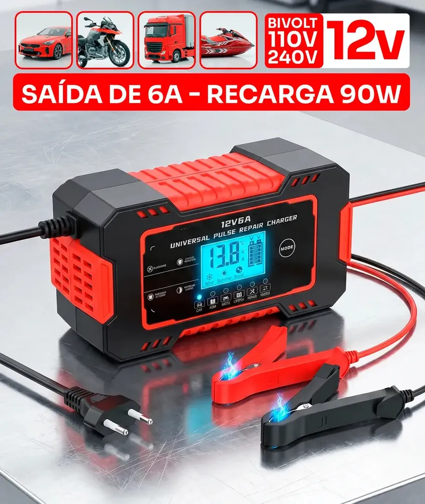 Carregador Inteligente De Bateria Good Vision 12v 6a Automotivo Digital Lcd Para Carro Caminhão Moto Carga Rápida Portátil Para Auxiliar Partida Lenta Emergência - Bivolt