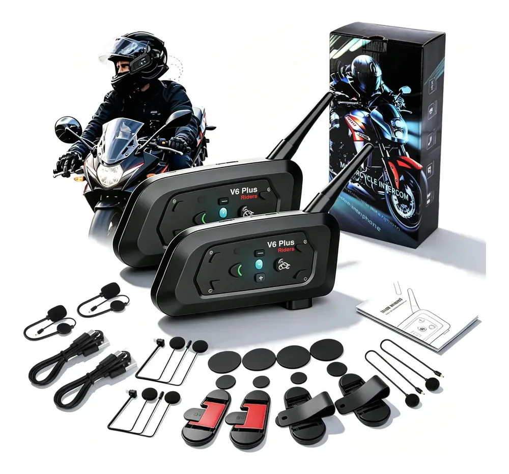 Par Intercomunicador V6 Plus Para Capacete Moto 1200m Sem Fio Fone De Ouvido Bluetooth Suporta 6 Riders